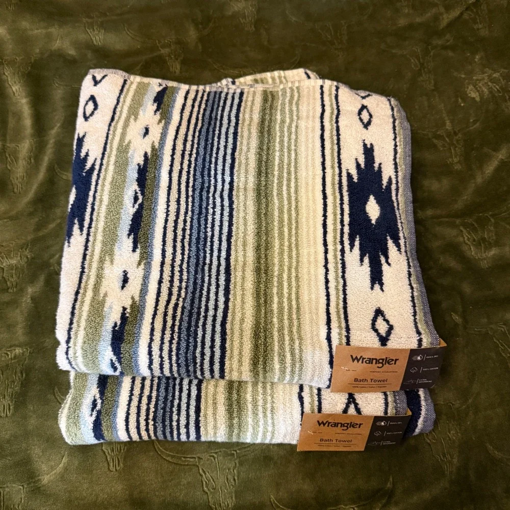 Wrangler Towel Set Unisex OS Coyote Sands Blue NWT Southwestern 3 Piece Cotton